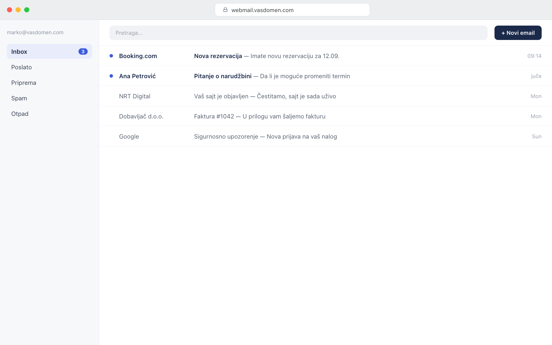 Inbox nakon uspešne prijave