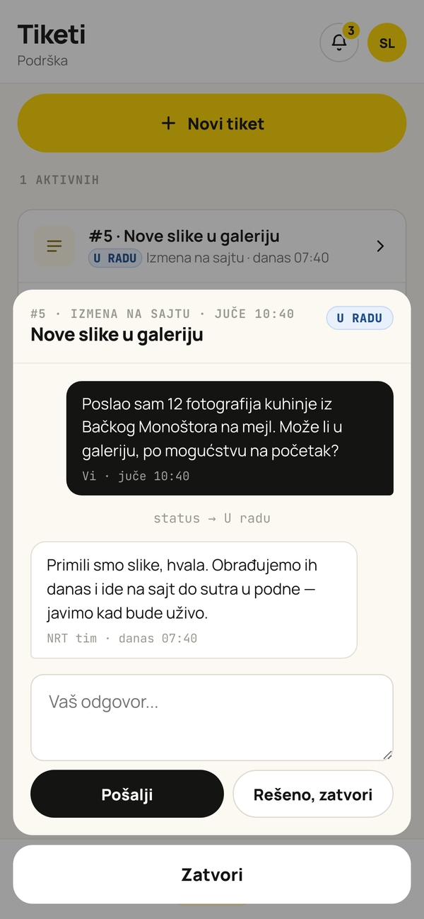 Otvoren tiket u NRT Portalu: zahtev klijenta, odgovor NRT tima i status U radu