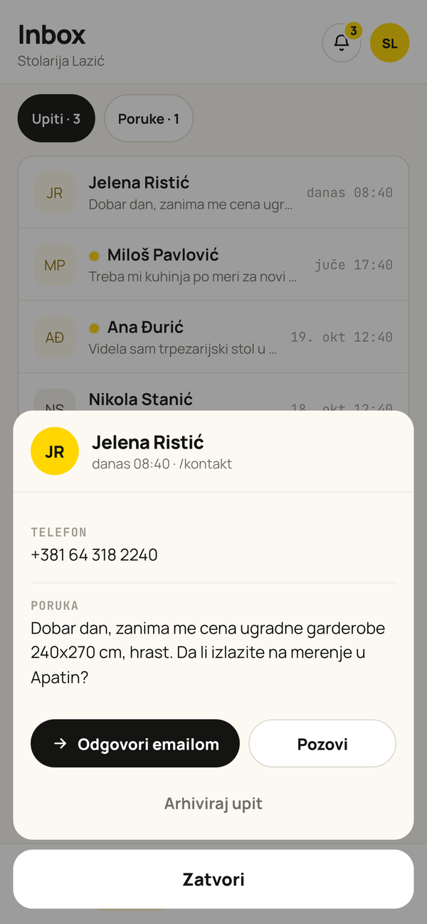 Otvoren upit u NRT Portalu: ime, telefon, cela poruka i dugmad Odgovori emailom i Pozovi