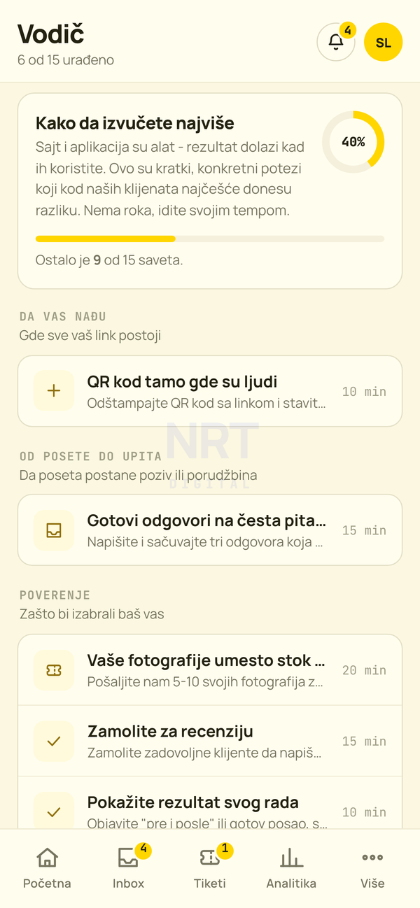 Vodič u NRT Portalu: 15 kratkih saveta podeljenih u grupe, sa napretkom