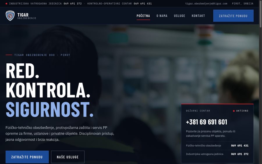 Tigar Obezbeđenje (fizičko-tehničko obezbeđenje, Pirot) - sajt koji je izradio NRT Digital