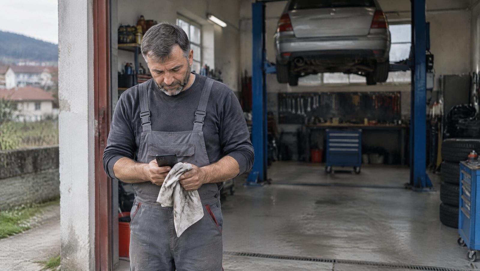 Vlasnik malog auto servisa stoji na vratima radionice i gleda u telefon, iza njega auto na dizalici