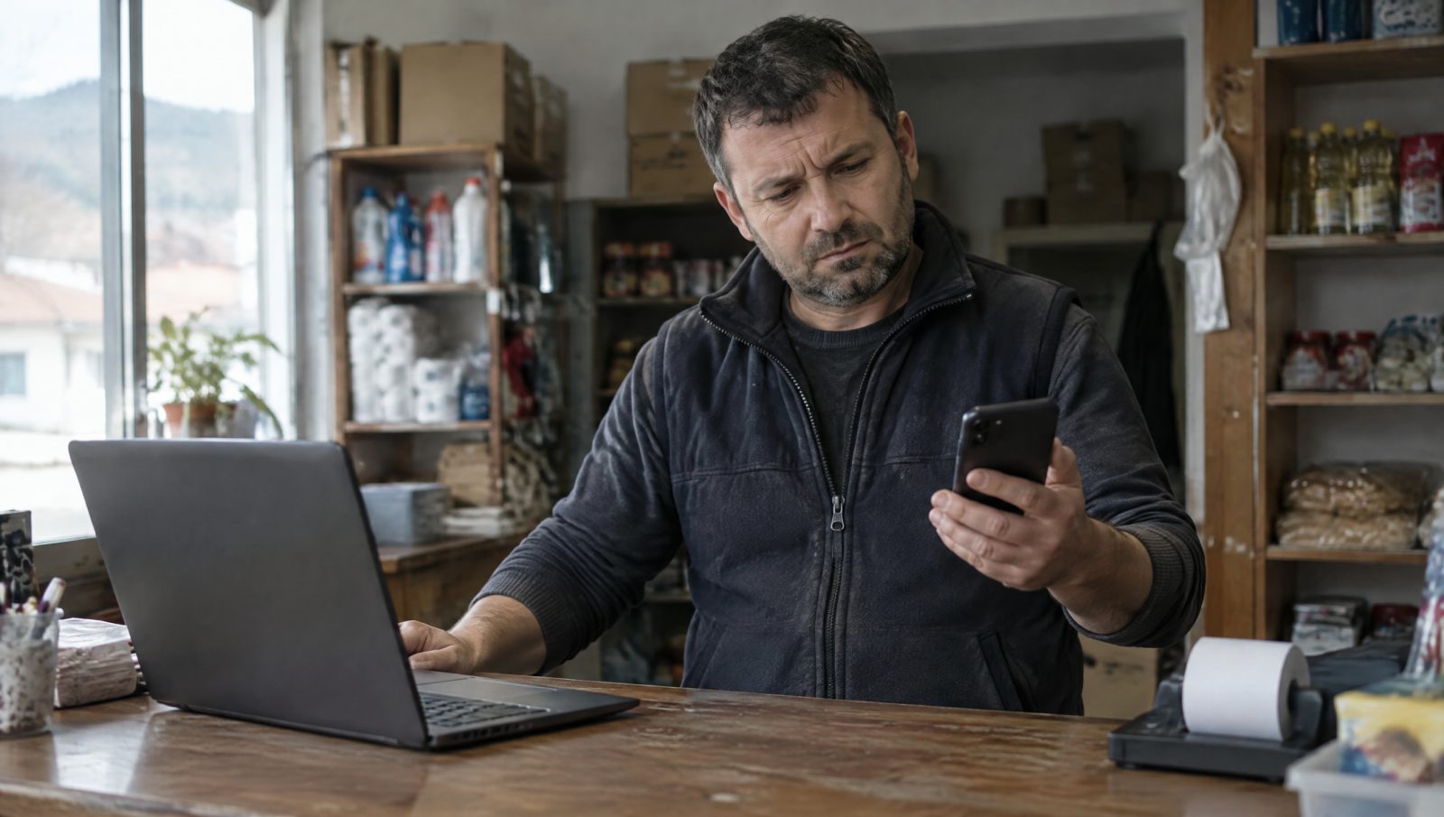 Vlasnik male radnje stoji za pultom, gleda u telefon i proverava nešto, pored njega otvoren laptop