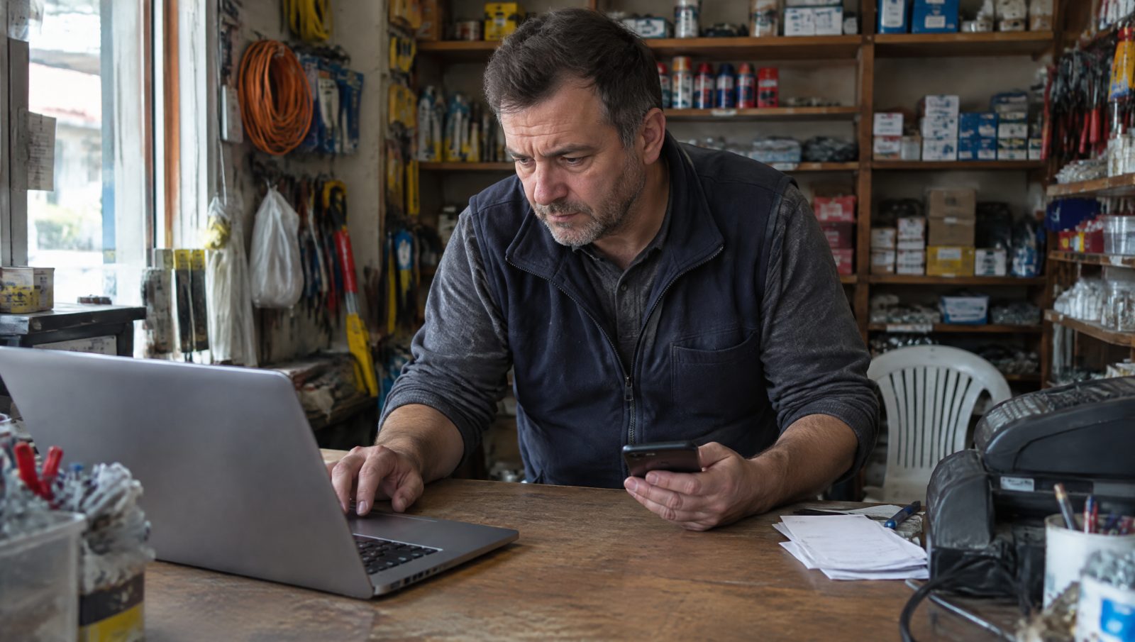 Vlasnik male gvozdjarske radnje stoji za pultom, gleda u laptop i drzi telefon u ruci.
